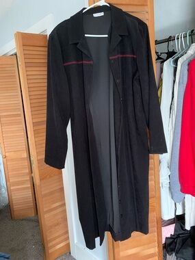 D' Allaird Classic Black Longline Coat with Subtle Red Stitching full button up